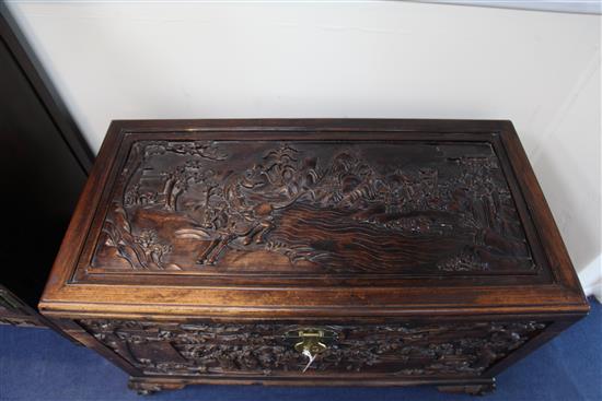 A Chinese carved hongmu chest, late 19th/early 20th century, W.3ft 6in. D.1ft 10in. H.2ft 3in.